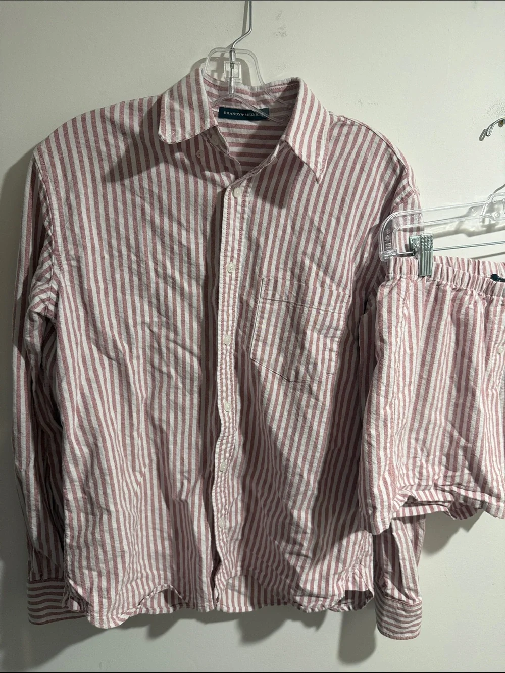 Brandy Melville Red and White Striped Button-Up Shirt & Shorts Set One Size